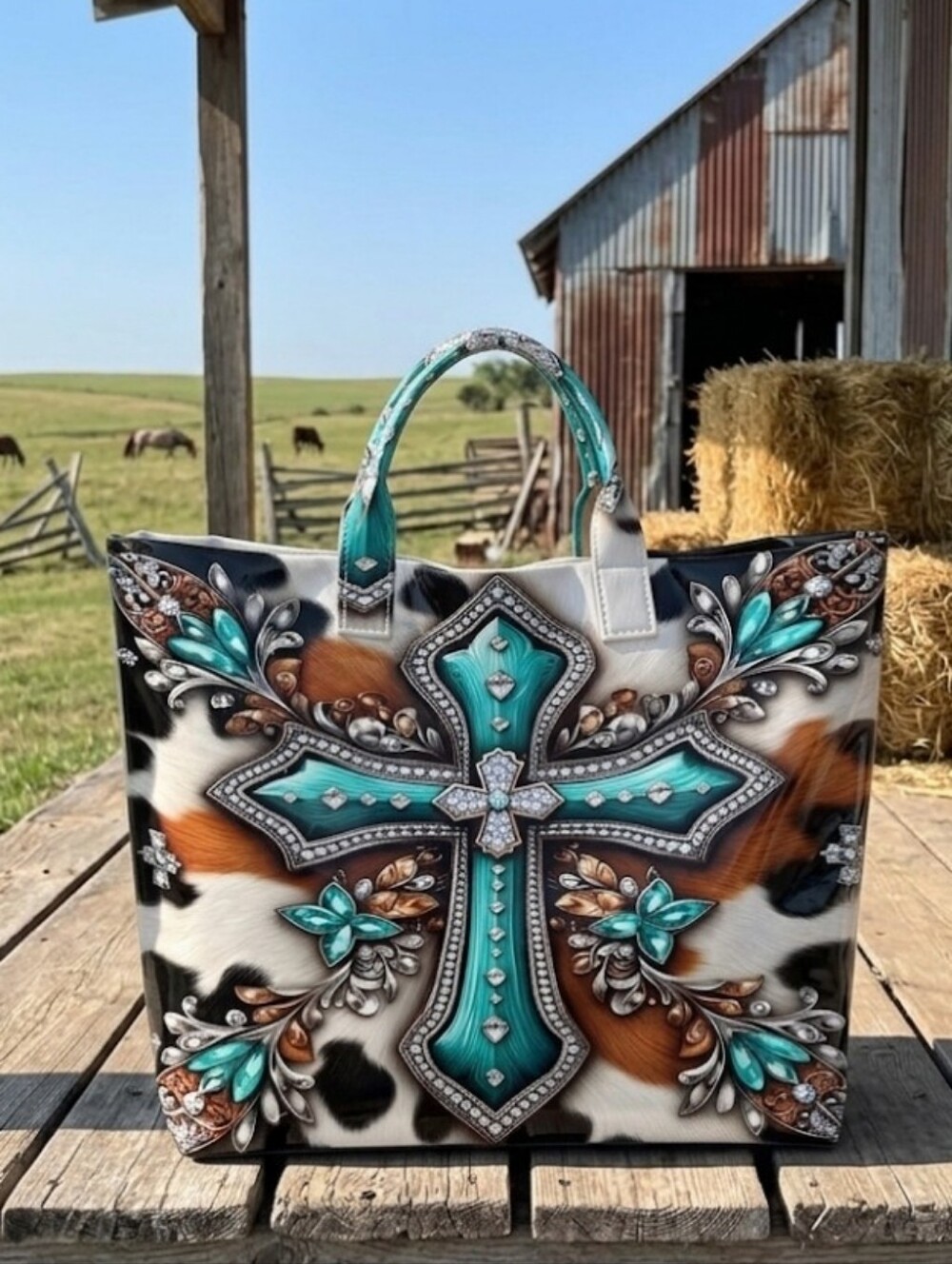 Beautiful Western Print Turquoise Brown PVC Large Daily Commute Tote